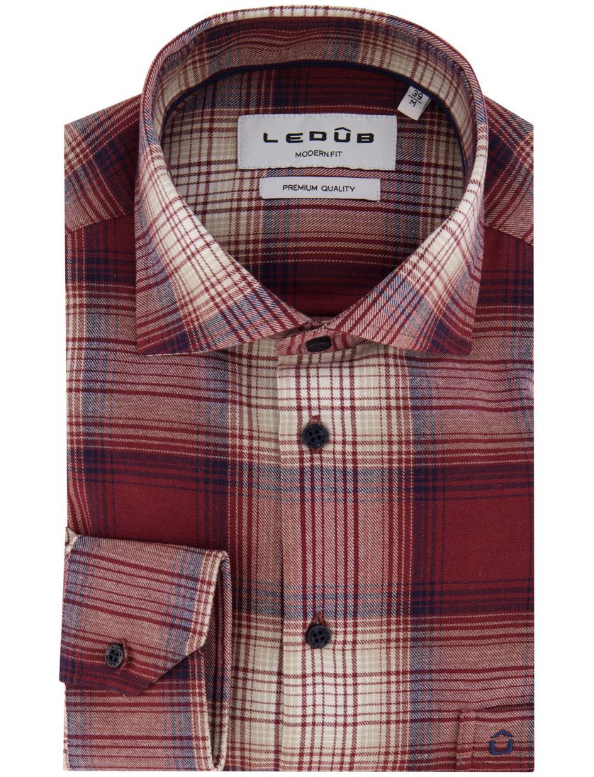 Ledub overhemd rood geruit Modern Fit flanel borstzak