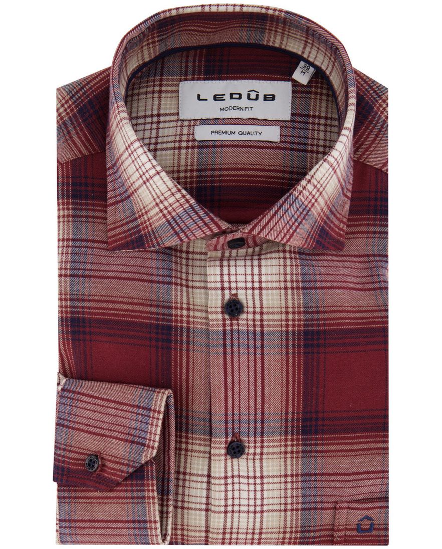 Ledub overhemd rood geruit Modern Fit flanel borstzak