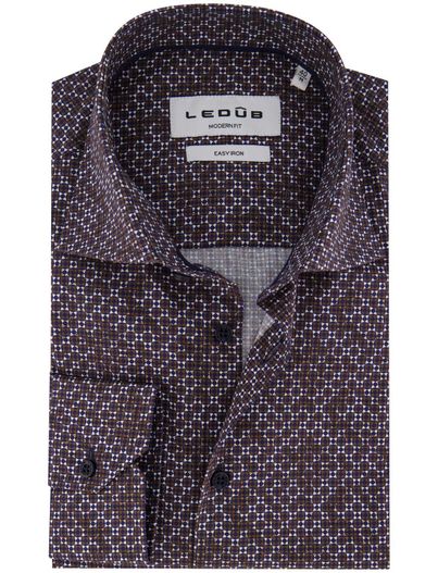 Ledub Ledub overhemd bruin geprint Modern Fit 100% katoen