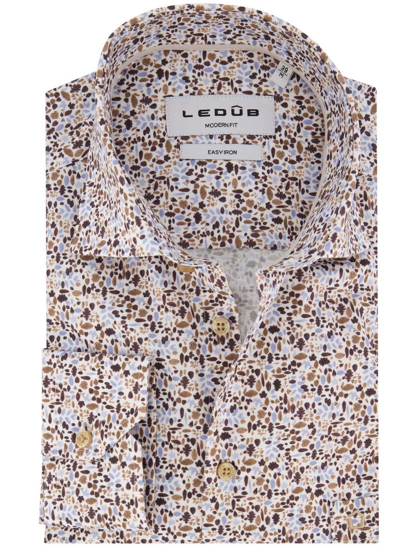 Ledub Modern Fit overhemd bruin print easy iron