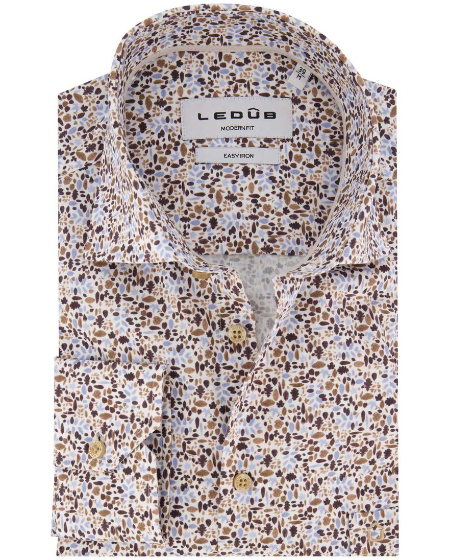Ledub overhemd bruin print Modern Fit easy iron
