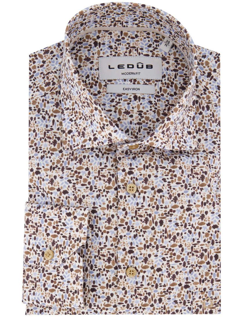 Ledub Modern Fit overhemd bruin print easy iron