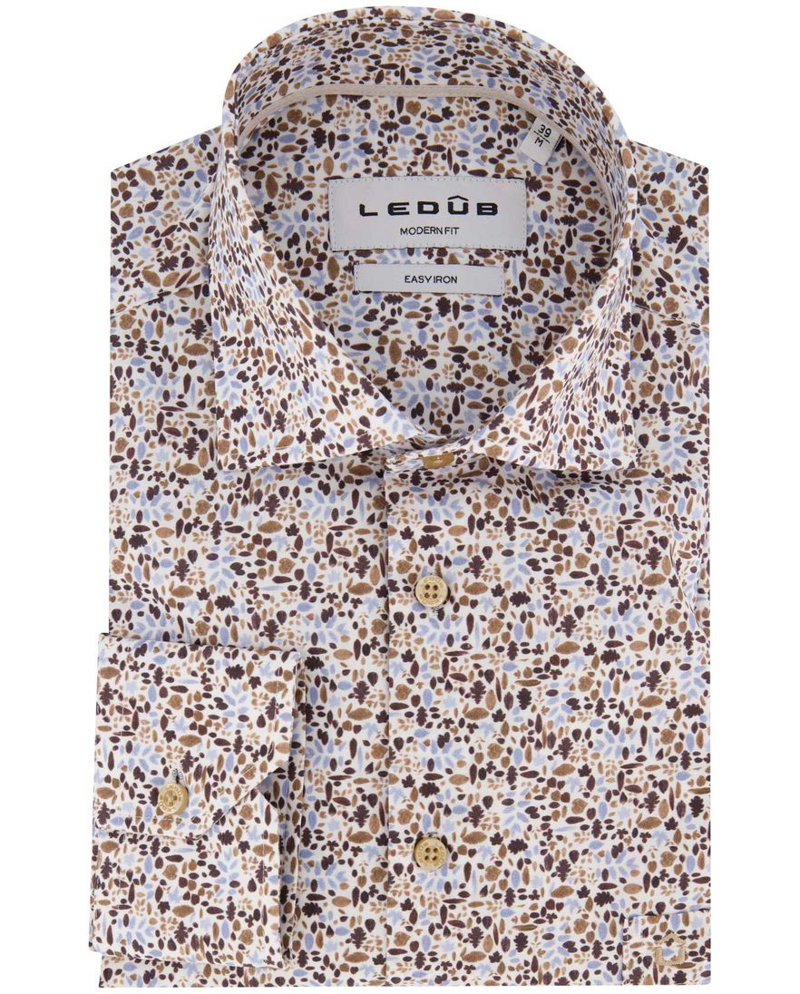 Ledub overhemd bruin print Modern Fit easy iron
