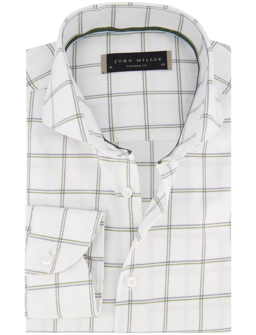 John Miller overhemd Tailored Fit wit groen en paars geruit