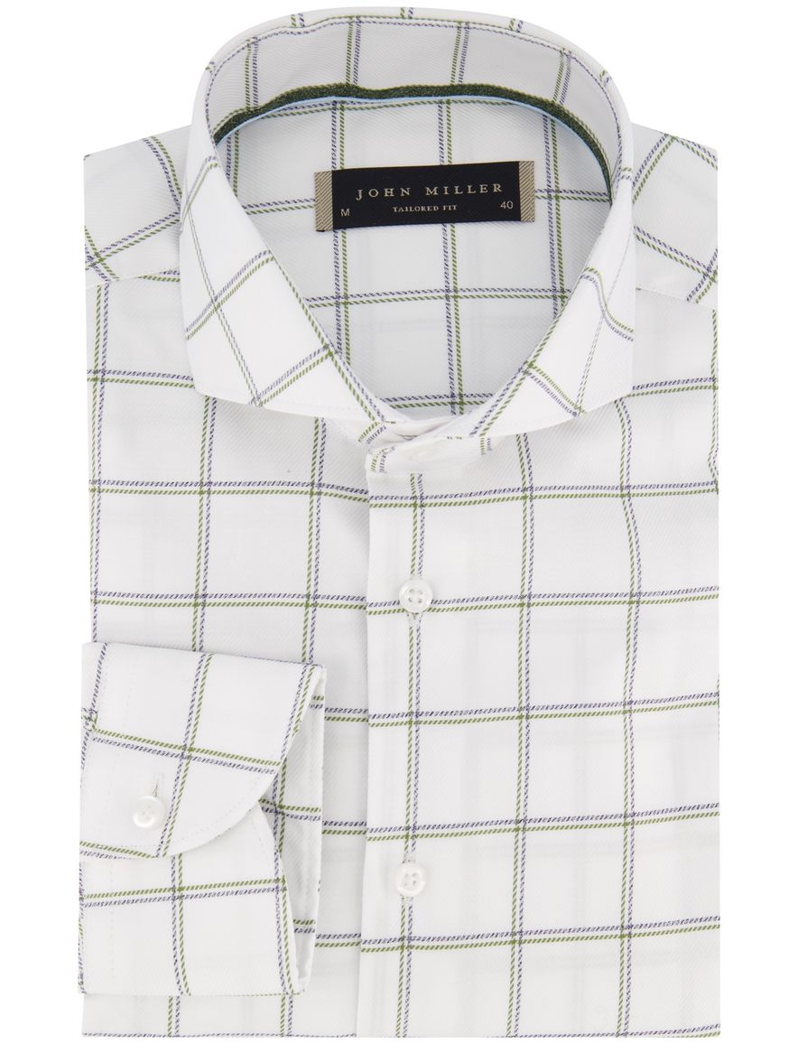 John Miller overhemd Tailored Fit wit groen en paars geruit