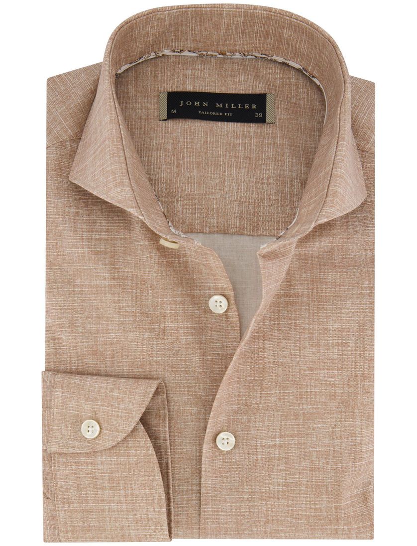 Overhemd John Miller Tailored Fit bruin mouwlengte 7 katoen