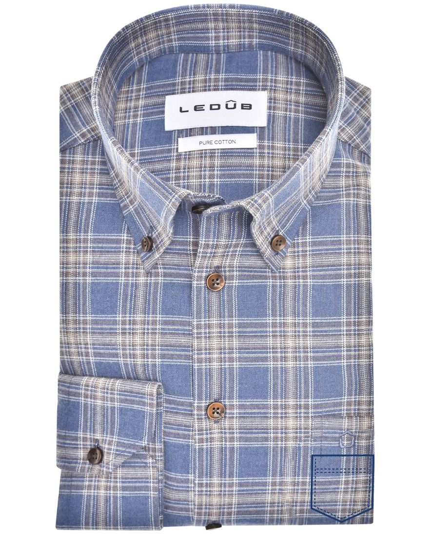katoenen overhemd Ledub blauw geruit normale fit