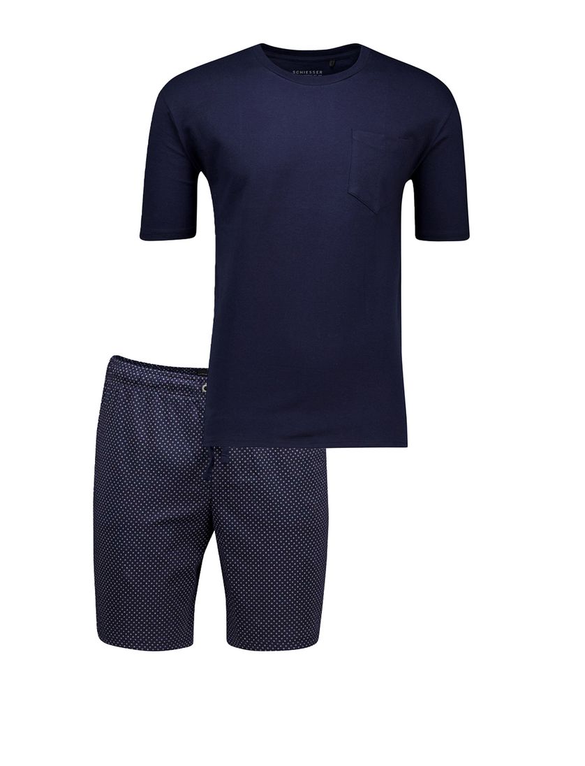 Schiesser Shortama donkerblauw wit Single Jersey normale fit