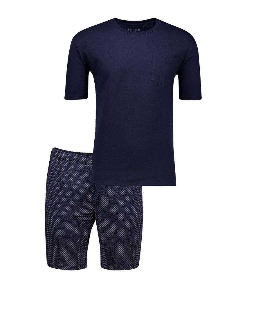 Schiesser Shortama donkerblauw wit Single Jersey