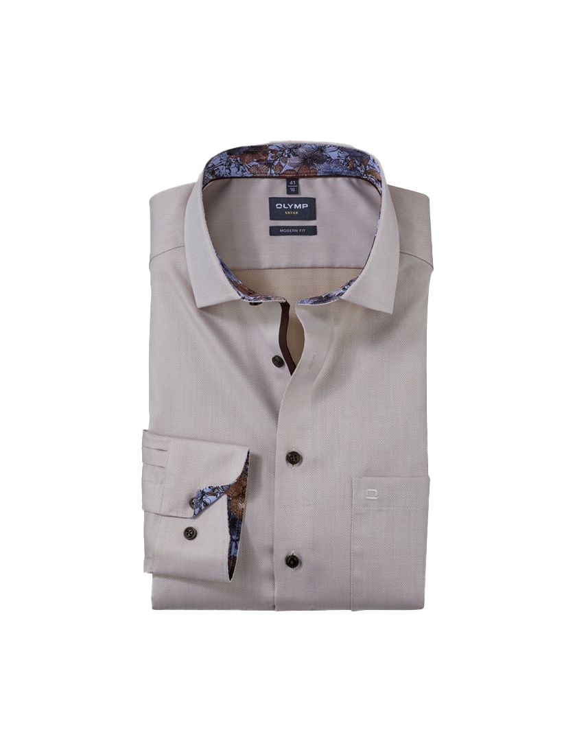 overhemd mouwlengte 7 Olymp Luxor Modern Fit beige borstzak