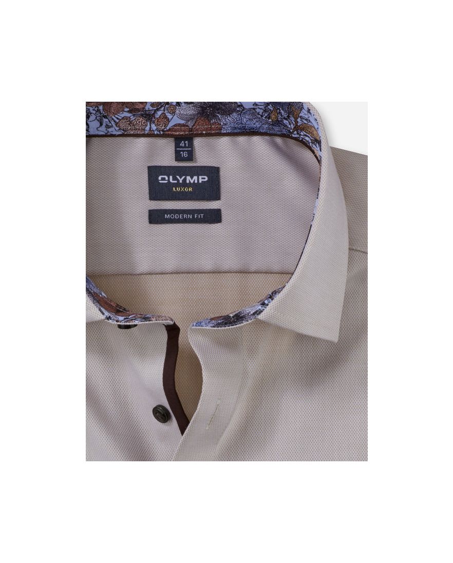 Olymp Luxor Modern Fit overhemd mouwlengte 7 beige borstzak
