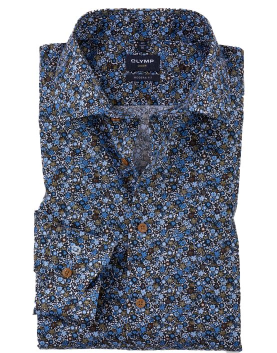 overhemd mouwlengte 7 Olymp Luxor Modern Fit blauw bloemen