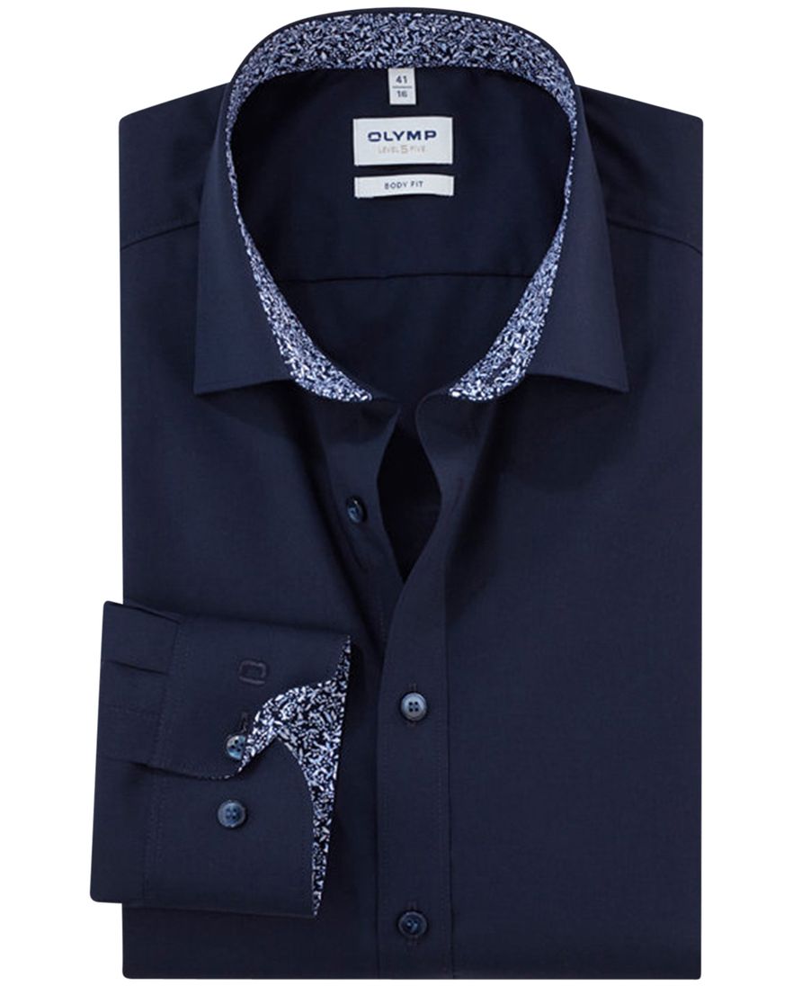 Olymp Level Five body fit overhemd mouwlengte 7 donkerblauw effen