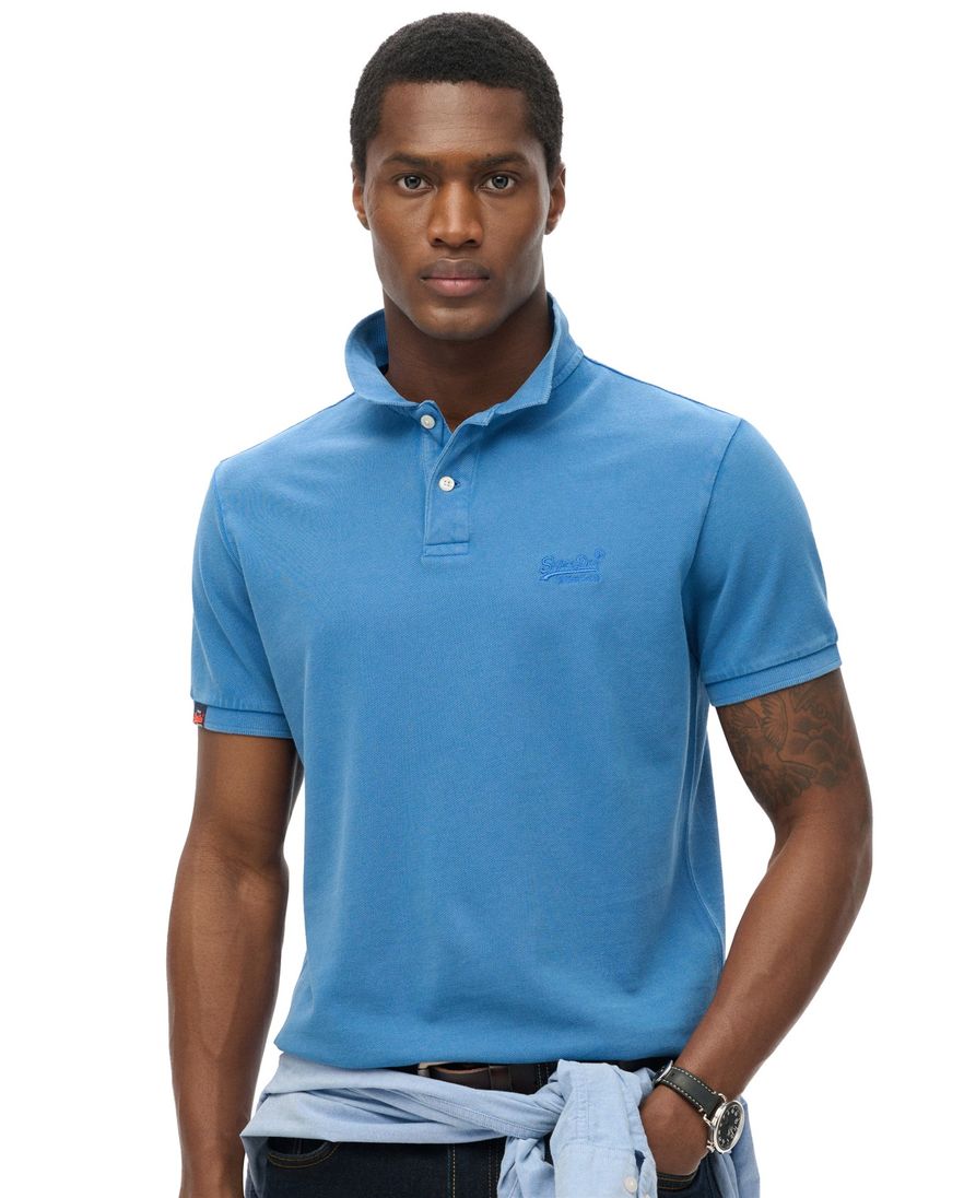 Superdry polo 2-knoops middenblauw pique korte mouw