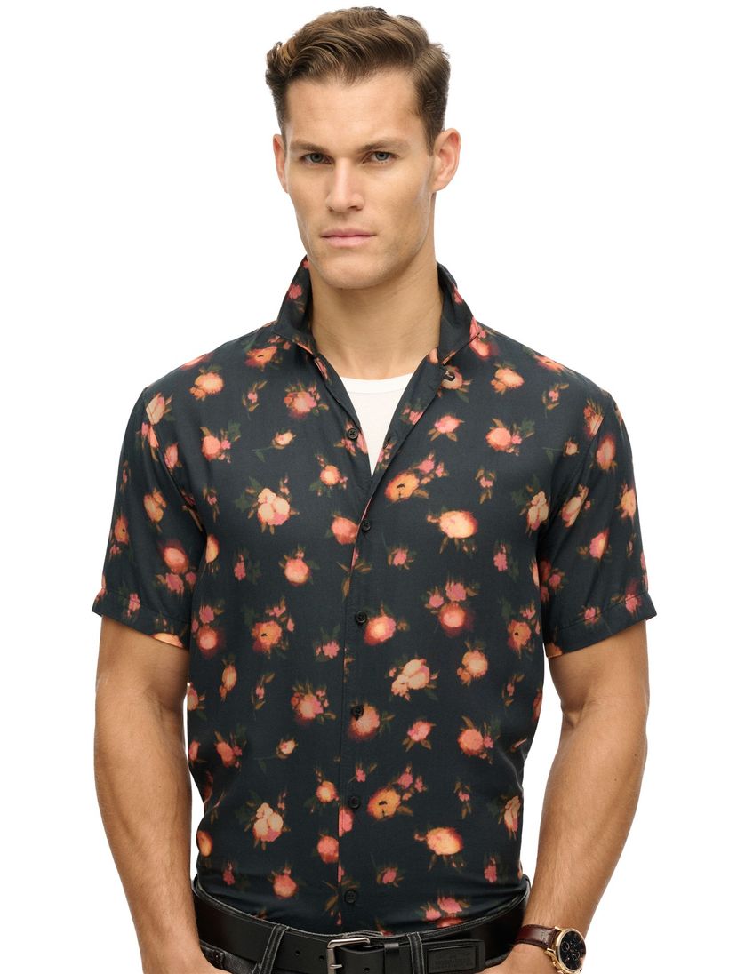 Superdry casual overhemd geprint korte mouw zwart geprint