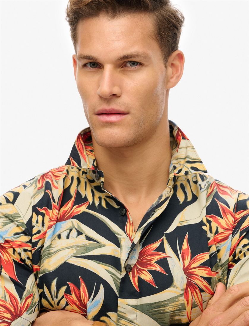 Superdry overhemd korte mouw beige geprint slim fit