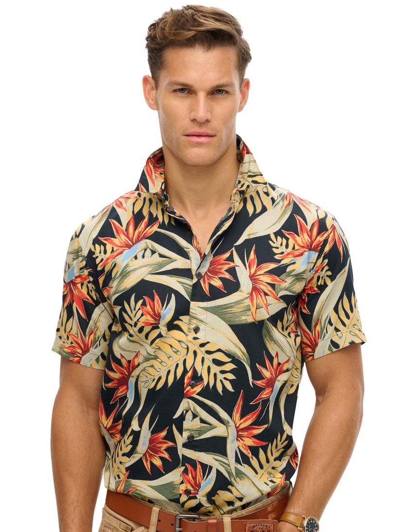 Superdry overhemd korte mouw beige geprint slim fit