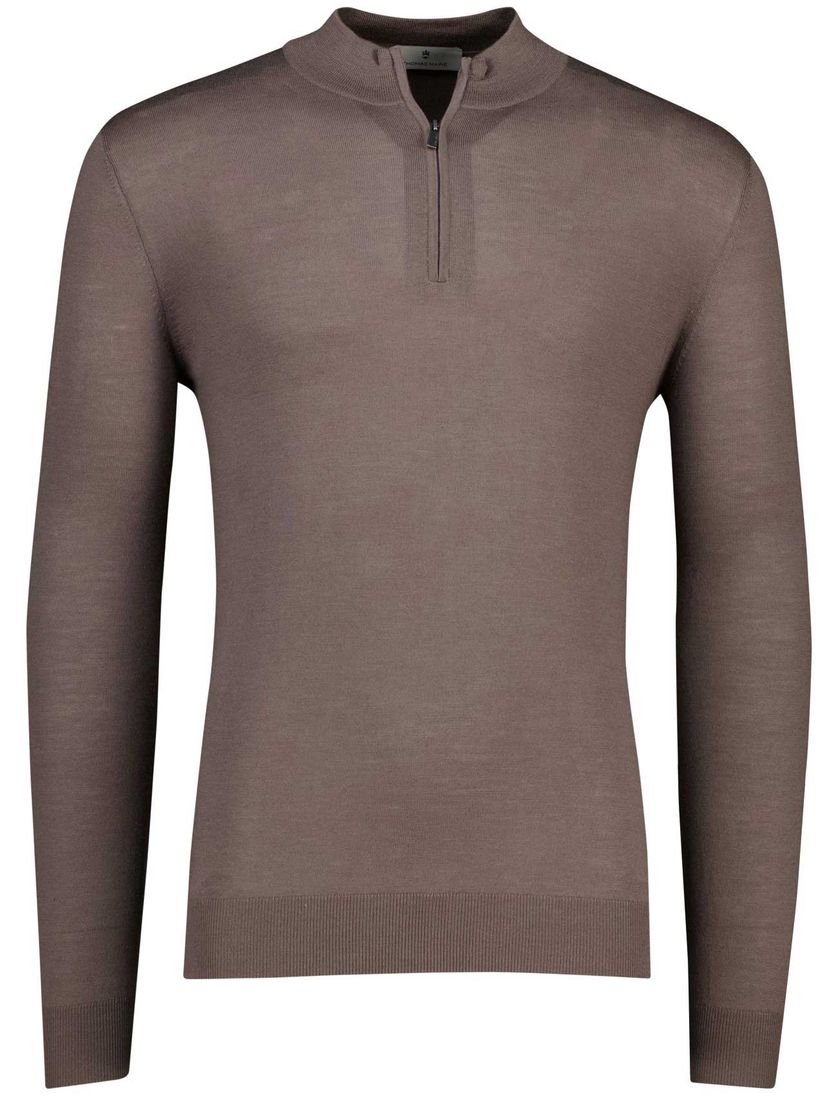 Thomas Maine half zip trui bruin merino wol met boord