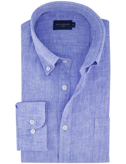 Paul & Shark Paul & Shark overhemd blauw gemêleerd linnen met borstzak