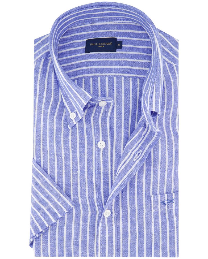 Paul & Shark overhemd korte mouw blauw gestreept linnen