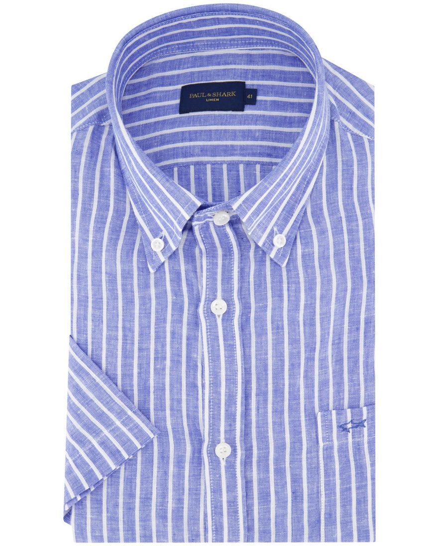 Paul & Shark overhemd korte mouw blauw gestreept linnen