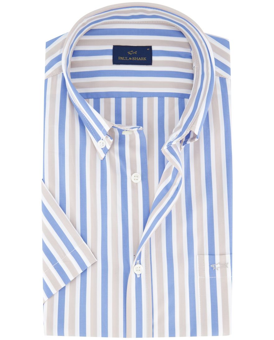 Paul & Shark korte mouw overhemd blauw beige button-down