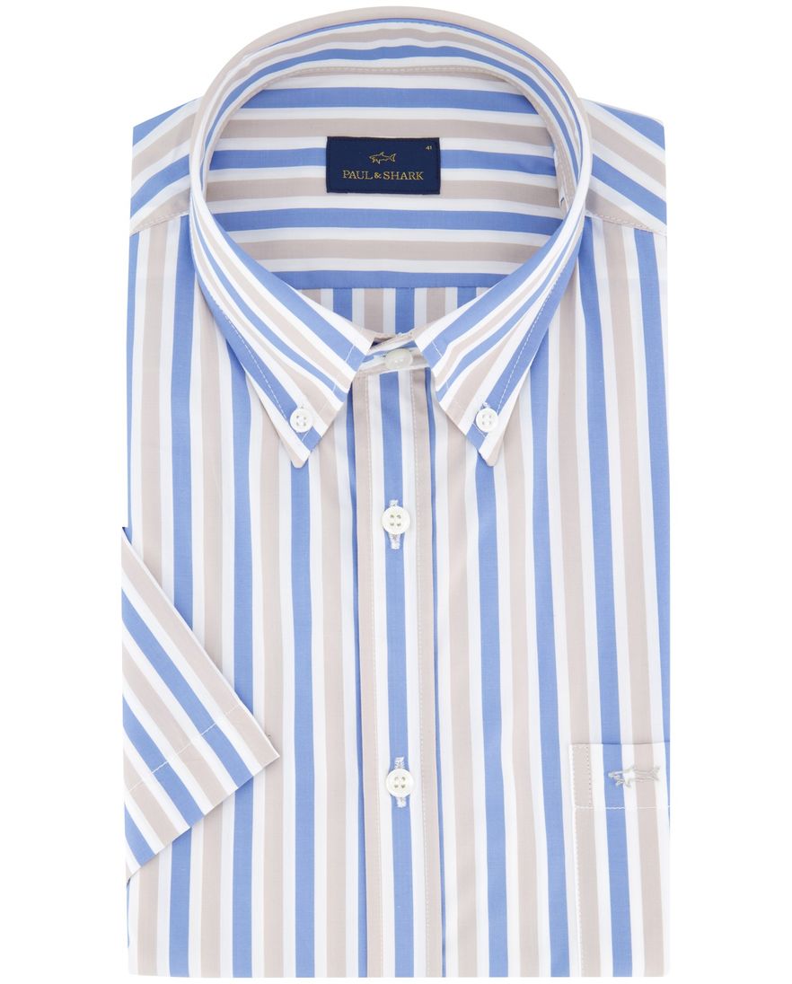 Paul & Shark korte mouw overhemd blauw beige button-down