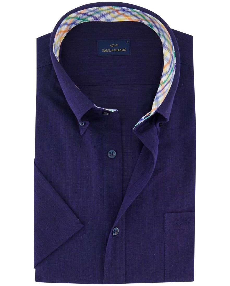 Paul & Shark overhemd donkerblauw korte mouw linnen borstzak