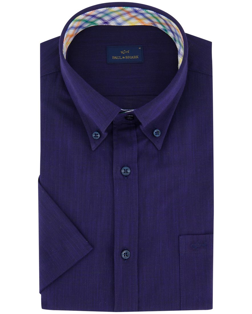 Paul & Shark overhemd donkerblauw korte mouw linnen borstzak