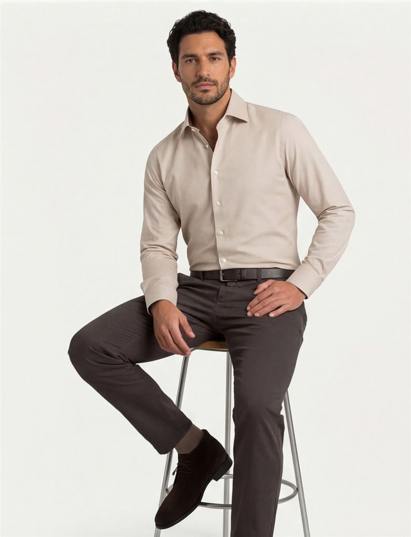 overhemd Olymp normale fit effen beige katoen