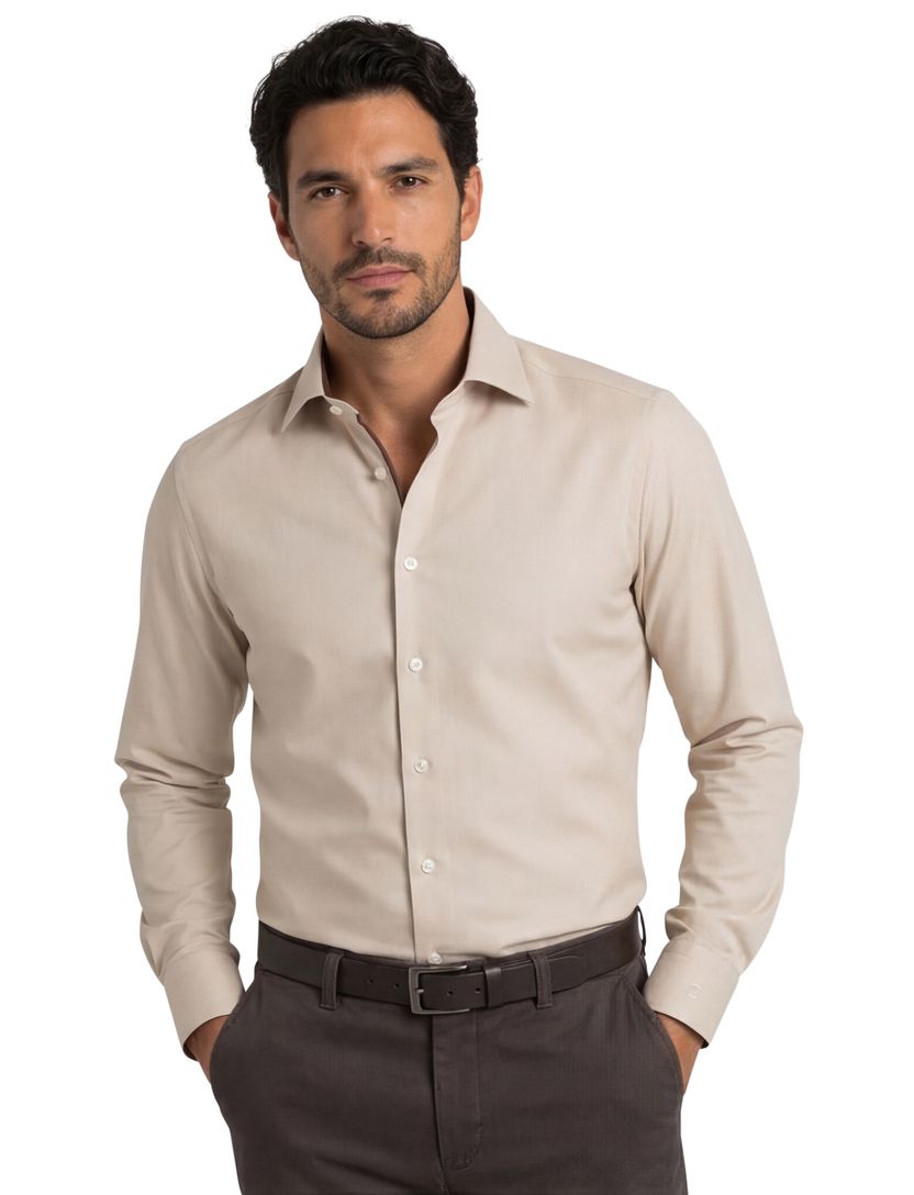 overhemd Olymp normale fit effen beige katoen