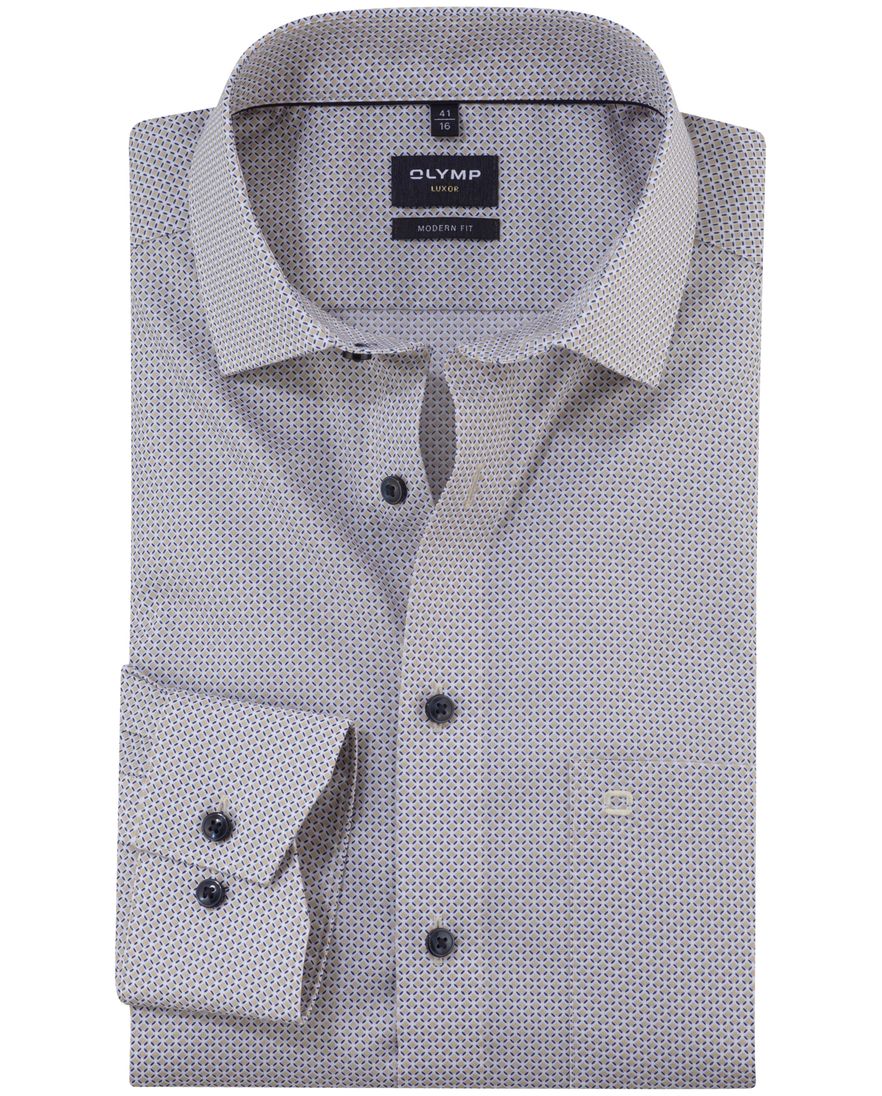Olymp overhemd beige blauw geprint Modern Fit