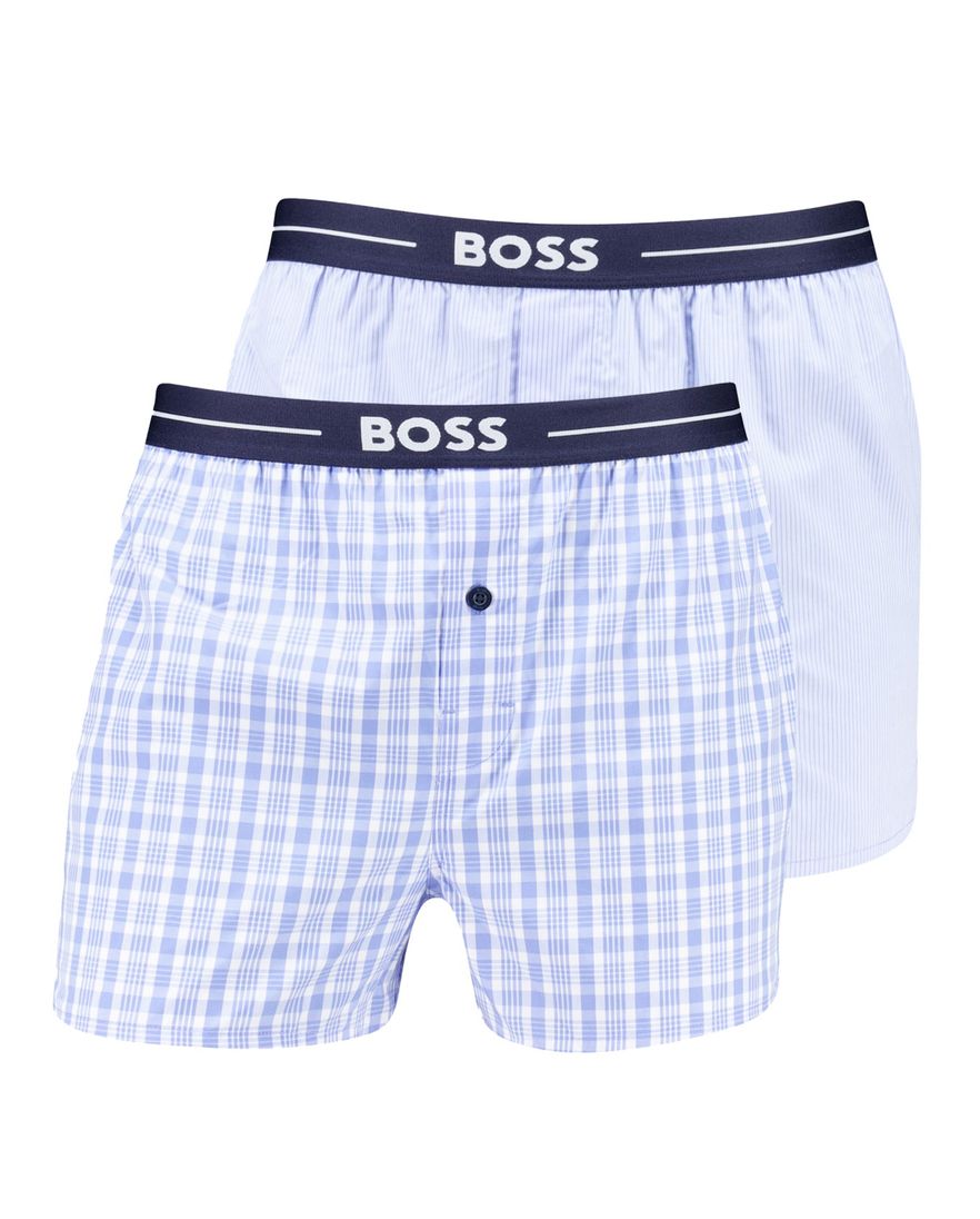 Boss Boxershort lichtblauw geruit effen 2-pack katoen