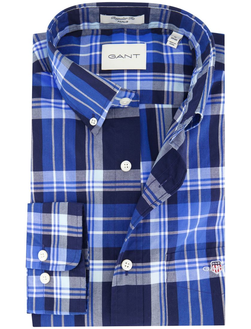 Gant overhemd middenblauw geruit katoen