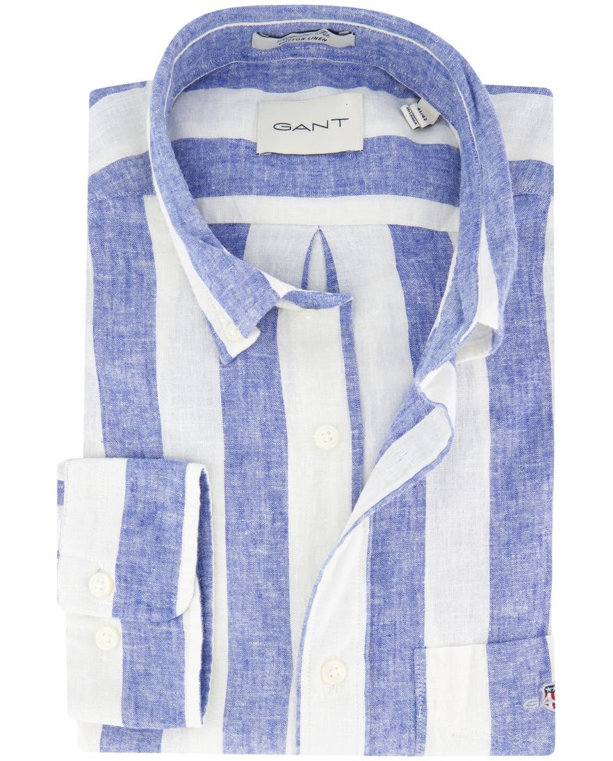Gant Regular Fit overhemd blauw gestreept linnen