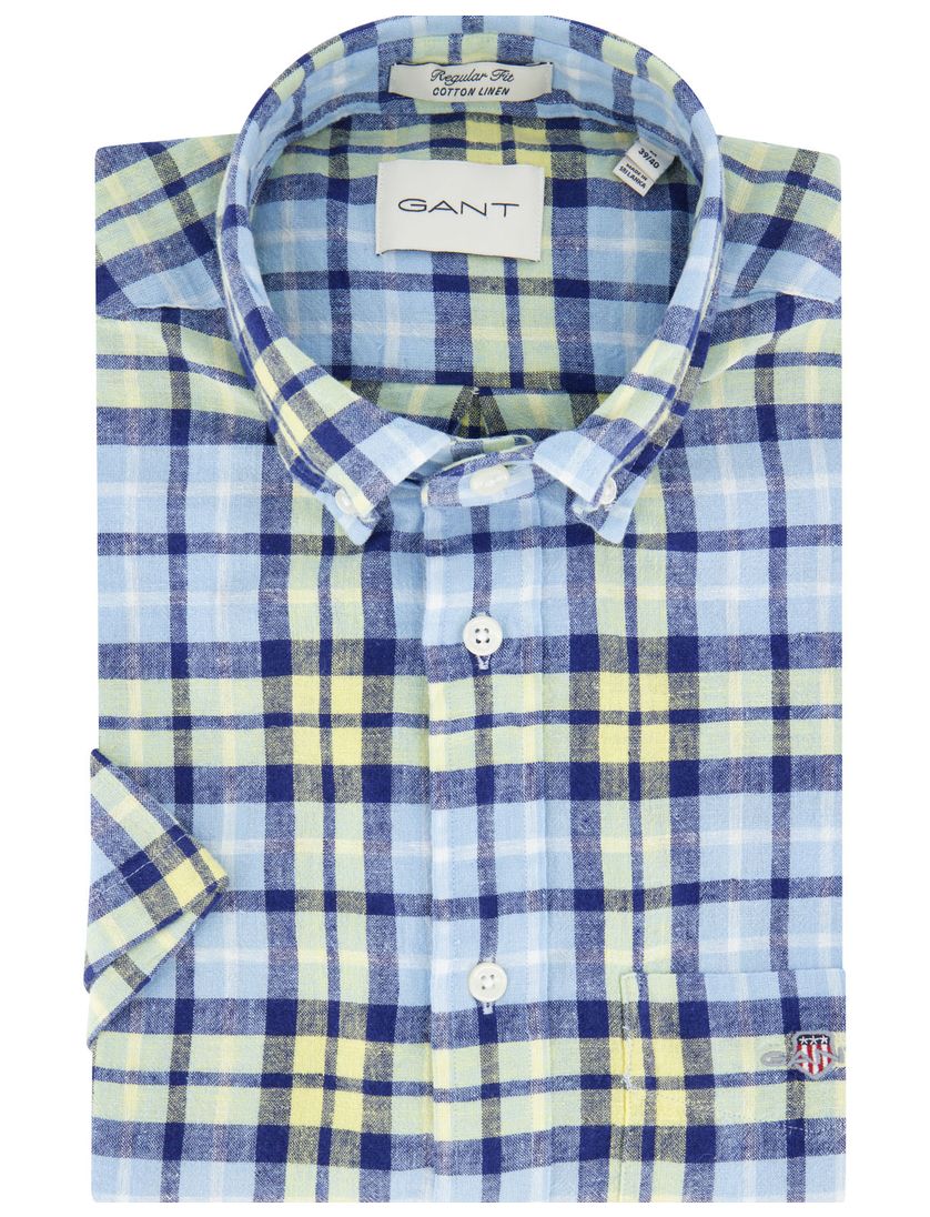 Gant overhemd blauw korte mouw linnen