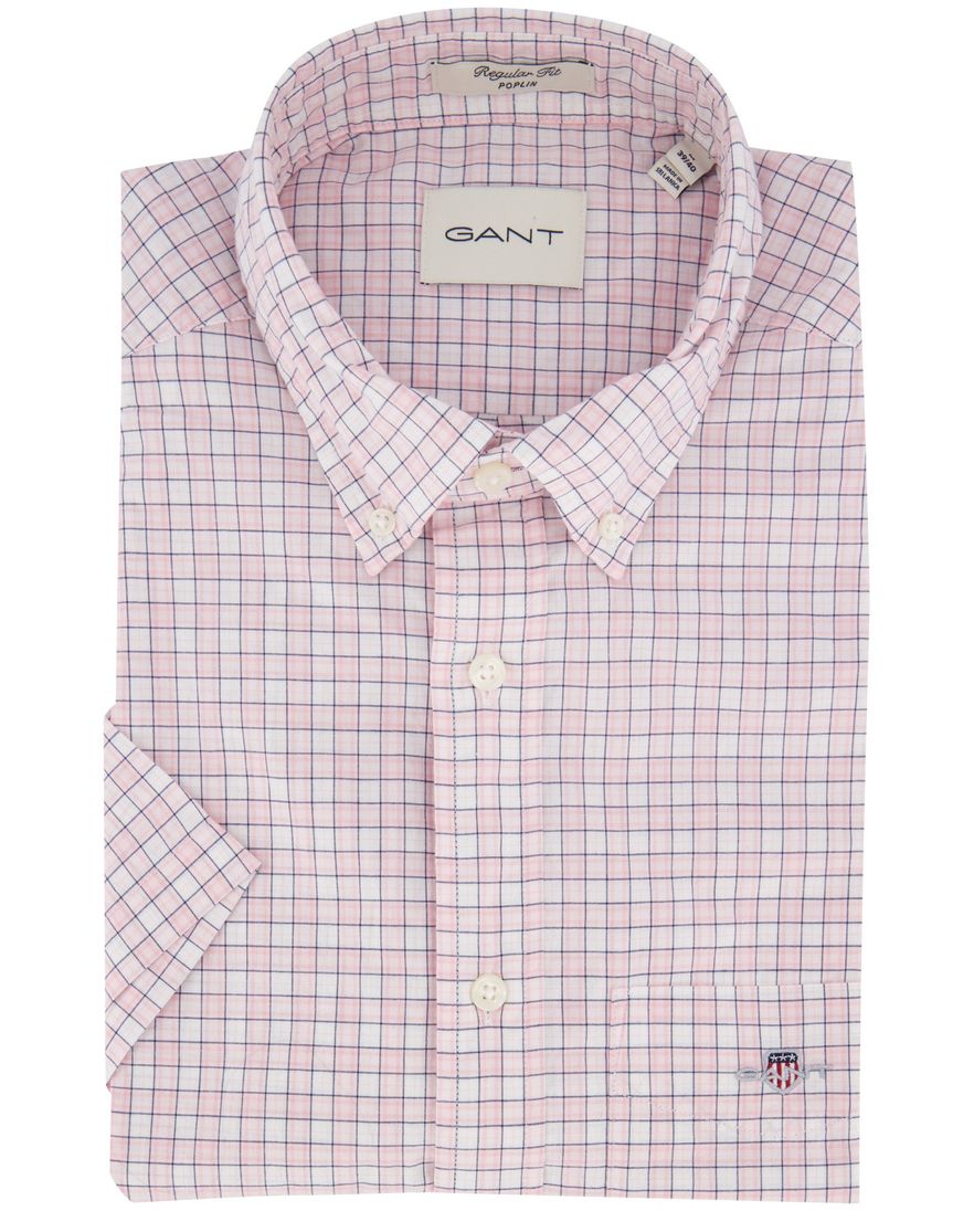 Gant overhemd korte mouw lichtroze ruit katoen normale fit
