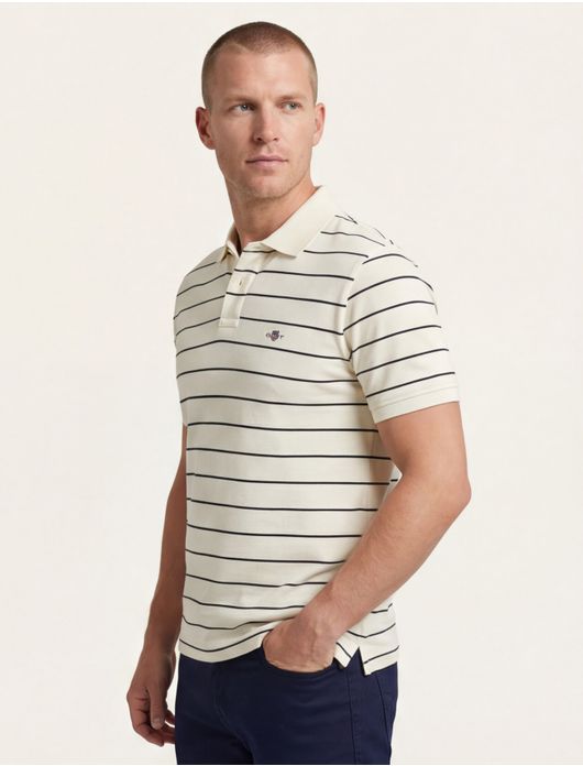 Gant polo creme zwart gestreept katoen pique