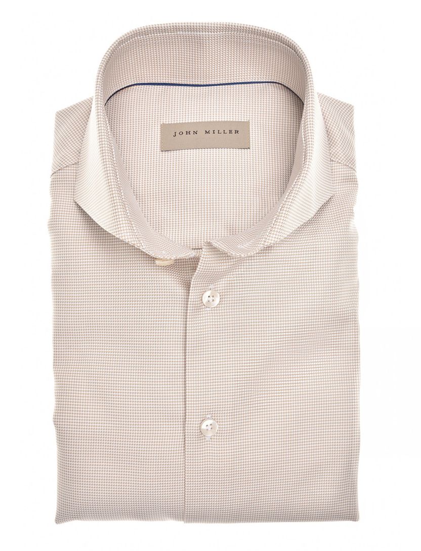 John Miller overhemd bruin geprint Tailored Fit strijkvrij