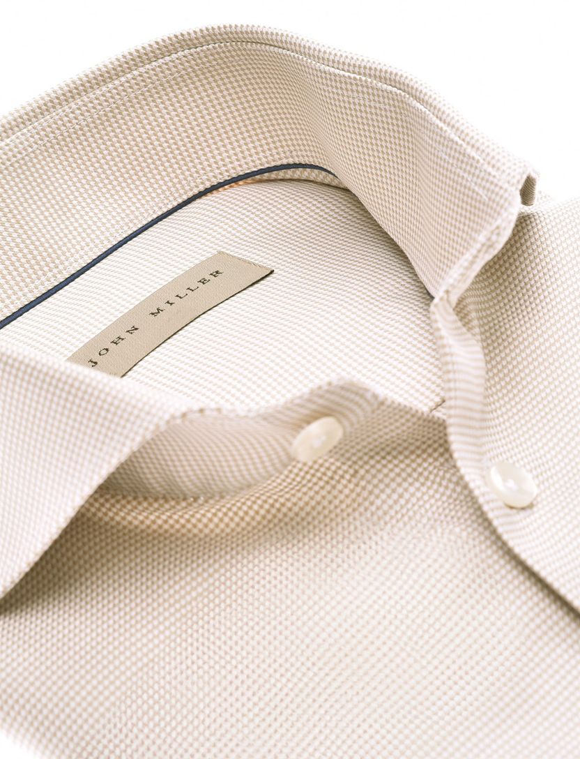 John Miller overhemd bruin geprint Tailored Fit strijkvrij