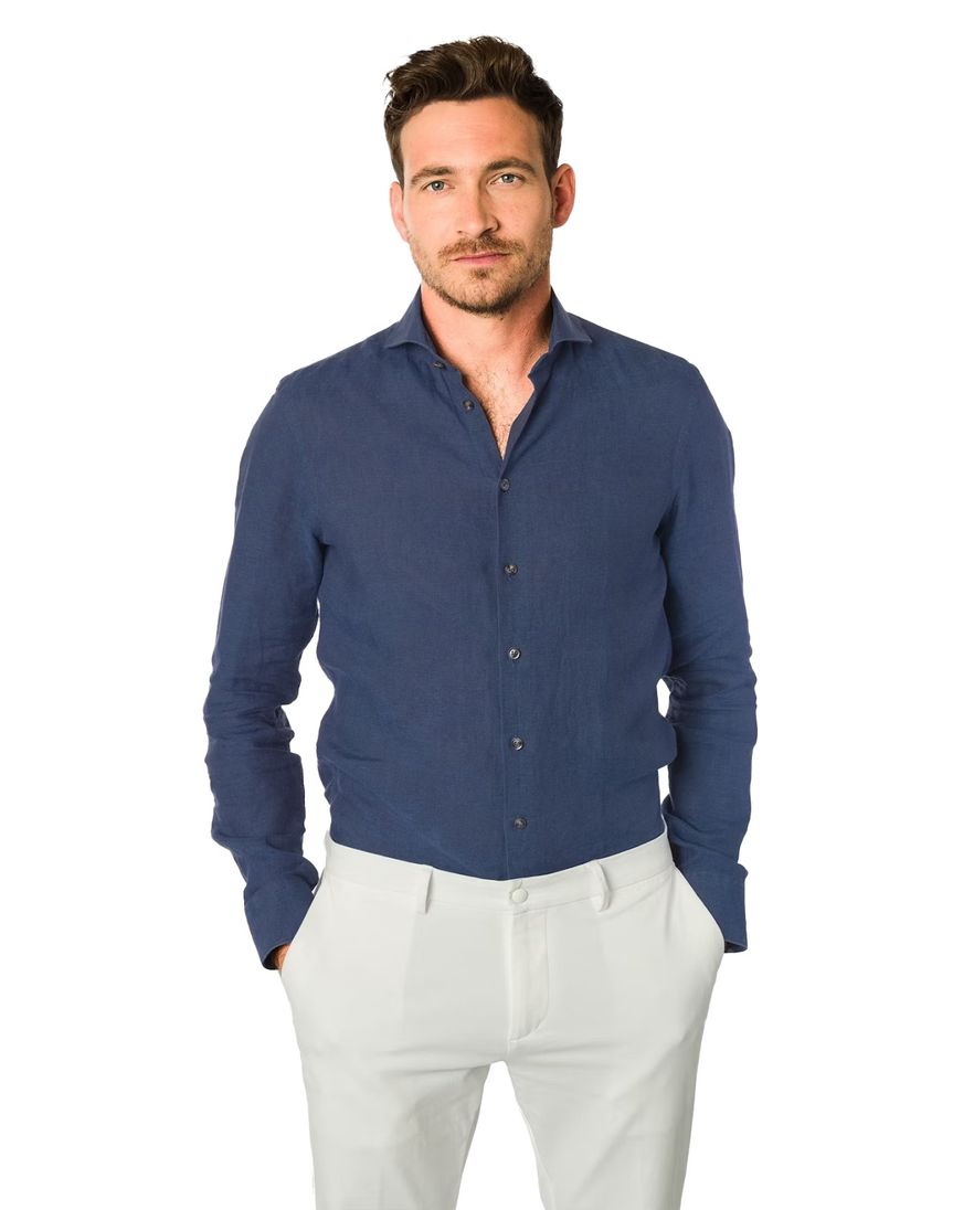 John Miller Tailored Fit business overhemd donkerblauw linnen
