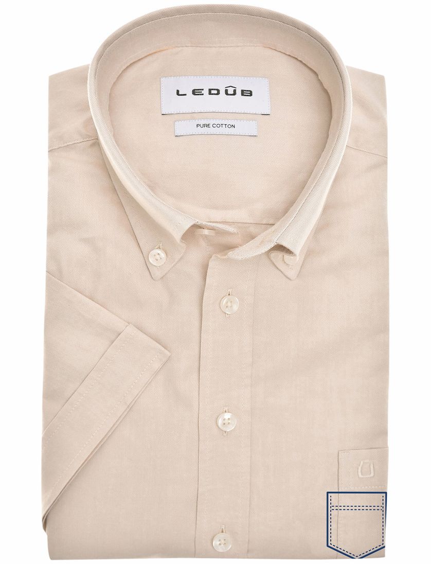 katoenen Ledub overhemd korte mouw effen lichtbruin