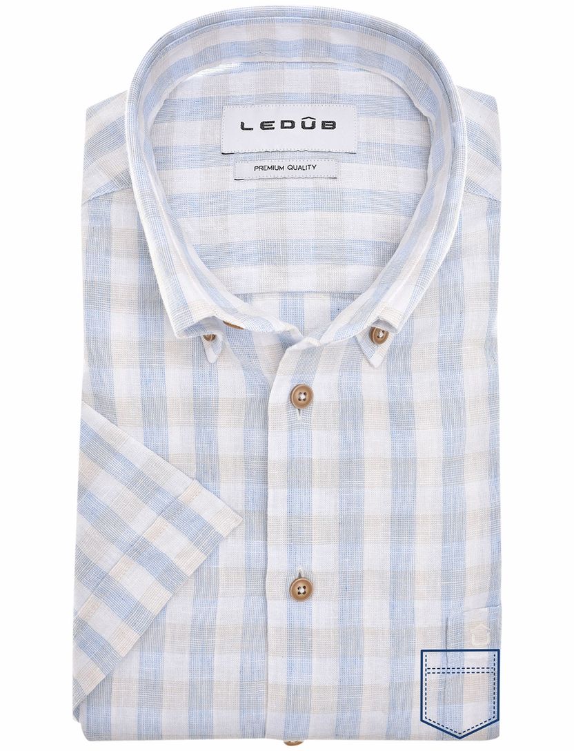 katoenen Ledub overhemd korte mouw geruit blauw normale fit