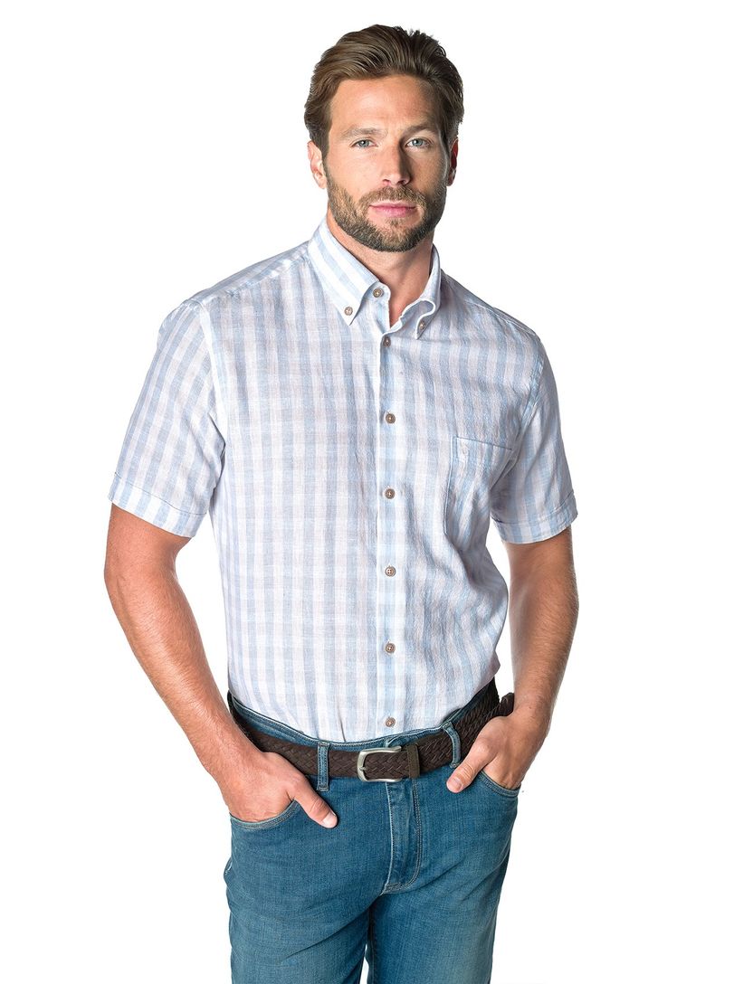 katoenen Ledub overhemd korte mouw geruit blauw normale fit