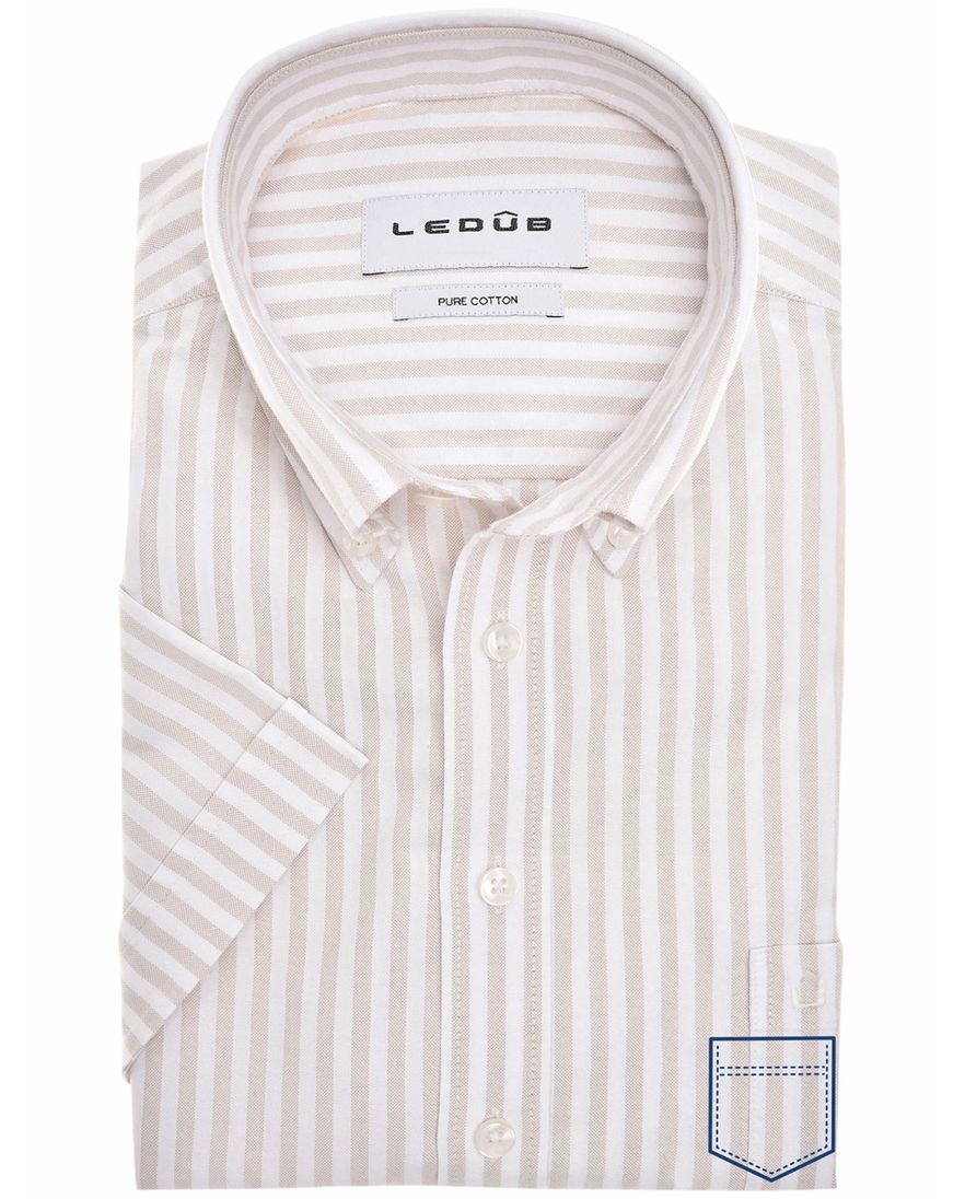 Ledub overhemd korte mouw beige gestreept normale fit