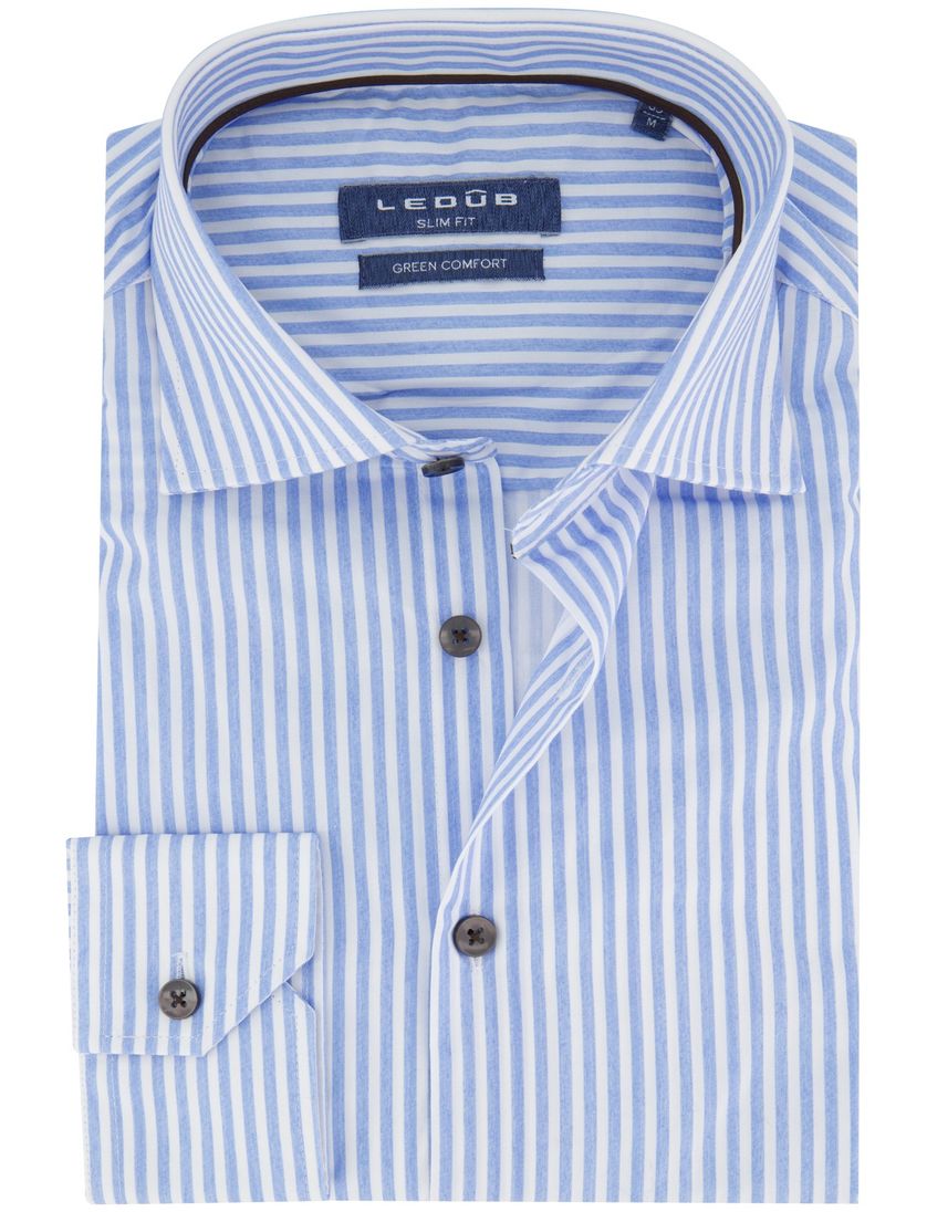 Ledub slim fit lichtblauw gestreept donkere knoop