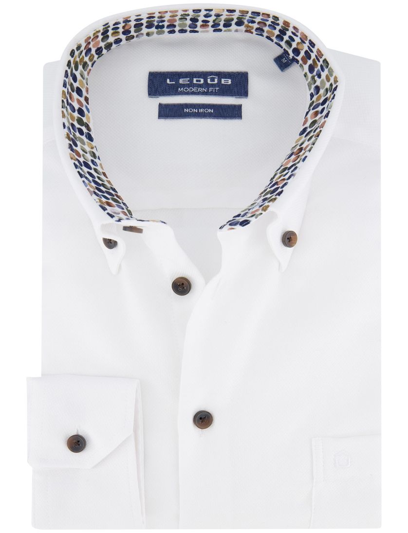 Ledub overhemd wit katoen bruine knoop