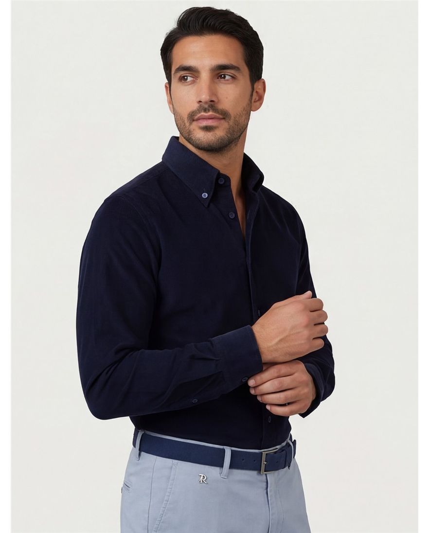 Ledub overhemd donkerblauw button-down Slim Fit