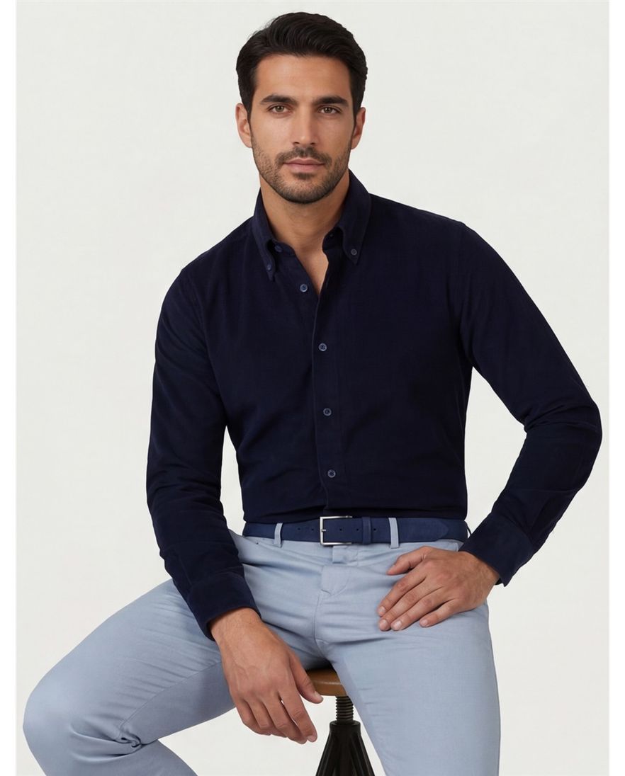 Ledub overhemd donkerblauw button-down Slim Fit