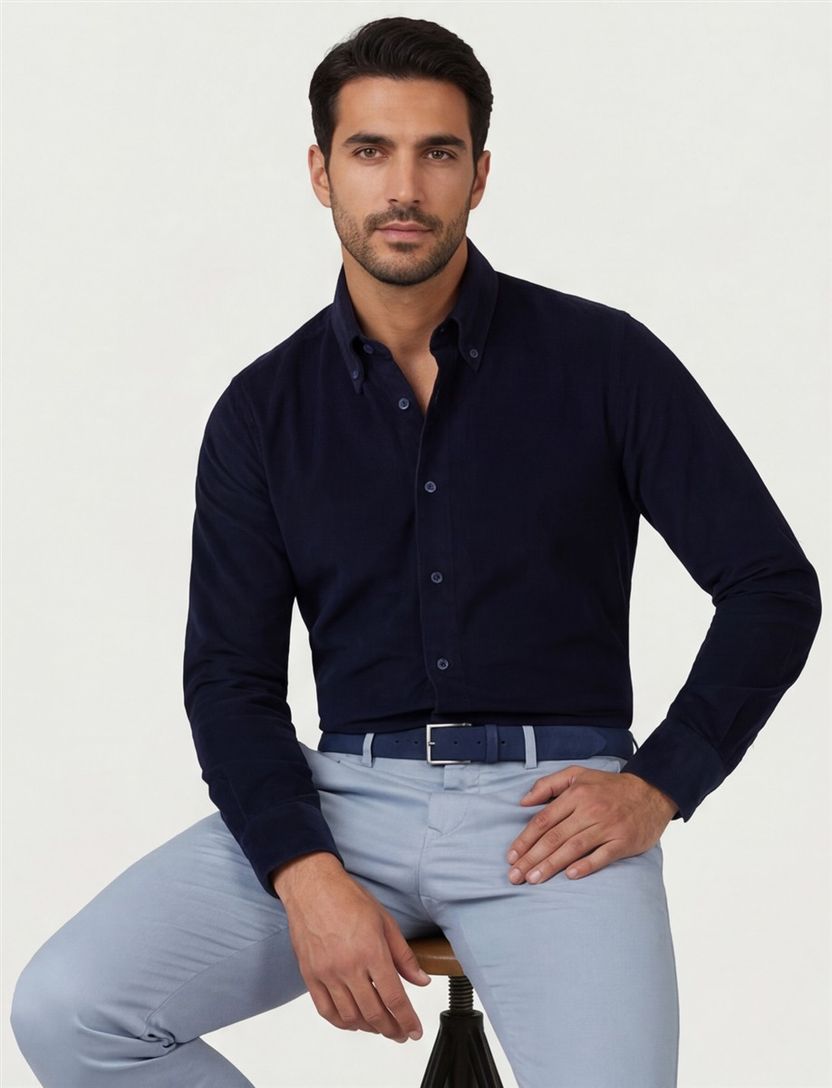 Ledub overhemd donkerblauw corduroy lange mouw